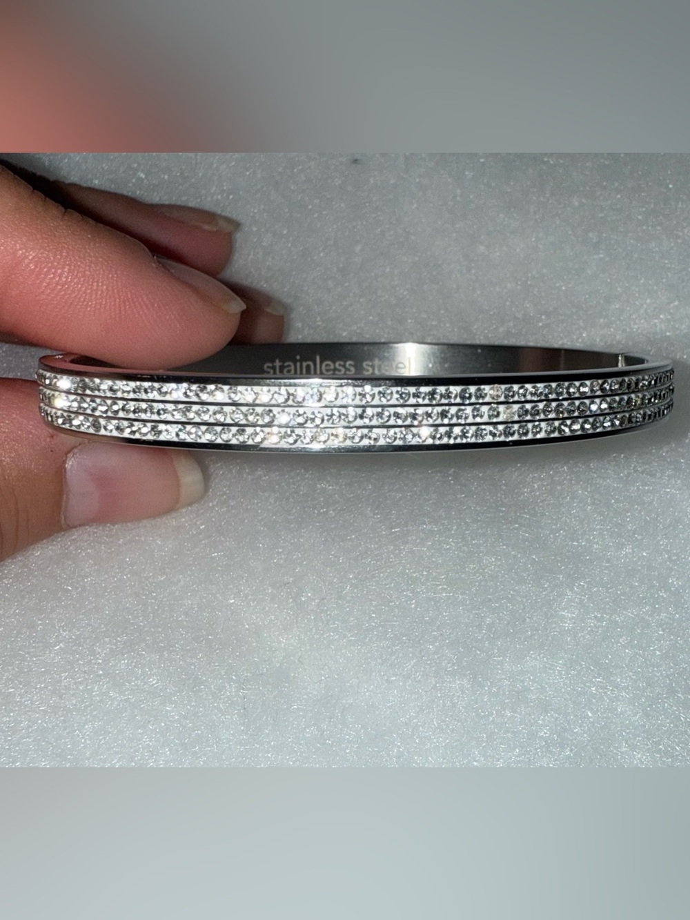Stainless Steel Bangle Bracelet with three rows of small Rhinestone Pave